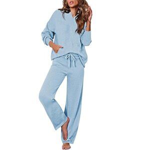 NEW Viottiset 2 Piece Set Knit Sweater Hoodie Pullover Wide Leg Pants Lounge Set